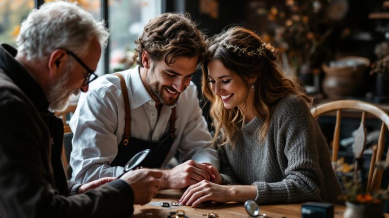 Couple examining personalized wedding rings with a jeweler in a warm workshop