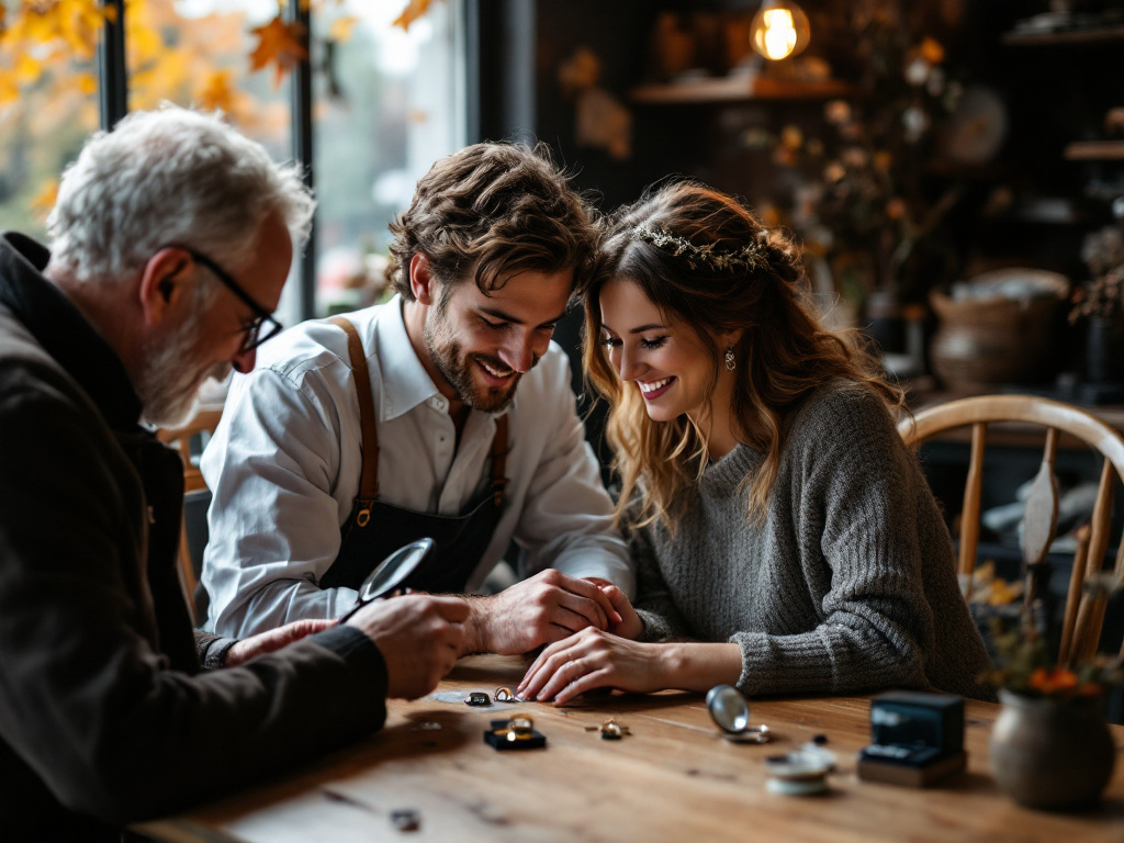 Couple examining personalized wedding rings with a jeweler in a warm workshop
