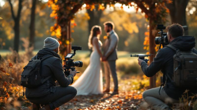 Wedding videographer filming outdoor ceremony with drone footage in autumn light