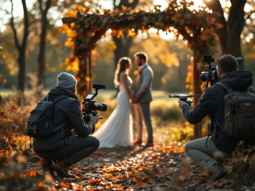 Wedding videographer filming outdoor ceremony with drone footage in autumn light