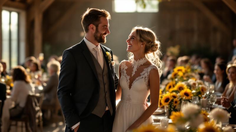 Bride and groom laughing together during their wedding in a Dutch barn venue with seasonal flowers and guests
